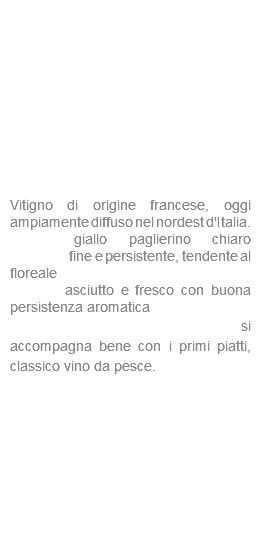  Pinot Grigio IGT Veneto Vitigno di origine francese, oggi ampiamente diffuso nel nordest d'Italia. colore: giallo paglierino chiaro profumo: fine e persistente, tendente al floreale sapore: asciutto e fresco con buona persistenza aromatica abbinamento gastronomico: si accompagna bene con i primi piatti, classico vino da pesce.